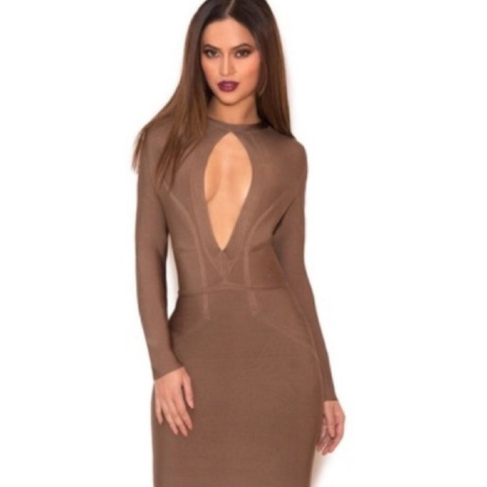 House of CB Tan Cream Bodycon Dress Plunge Neckline